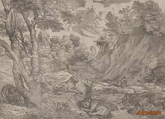提香，《圣·杰罗姆在沙漠》，木刻，约1525-1530年。
